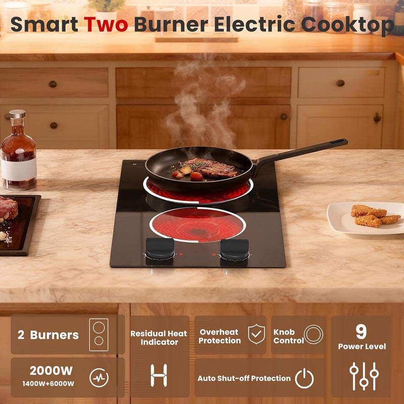 Jessier 2 Burner Electric Cooktop - 12 Inch Plug in Portable 110V Electric Cook Top Two Burner, Built-in & Countertop Ceramic Stove Top with Knob Control, 9 Power Levels and Overheat Protection - Image 4